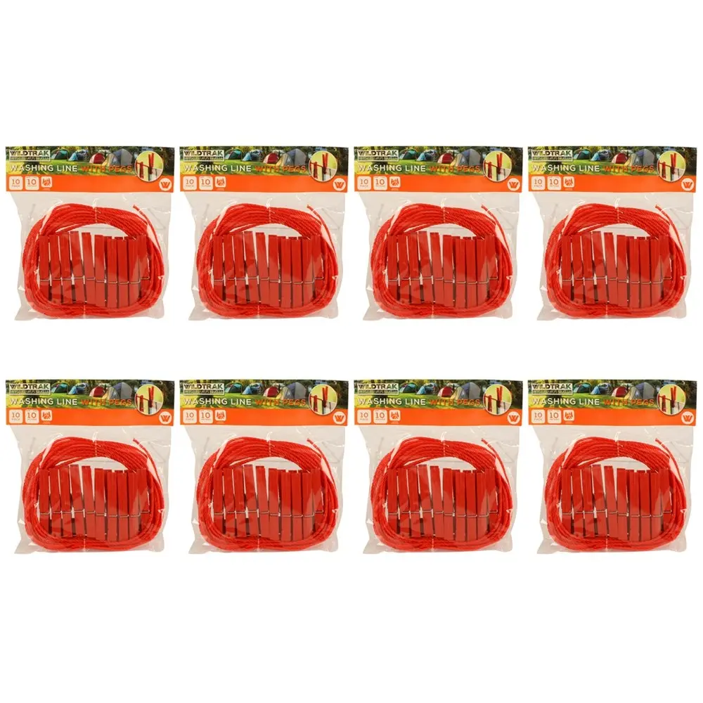 8x Wildtrak 10m Washing Line w/ 10 Pegs Heavy-Duty Clothesline Outdoor AC CC0005