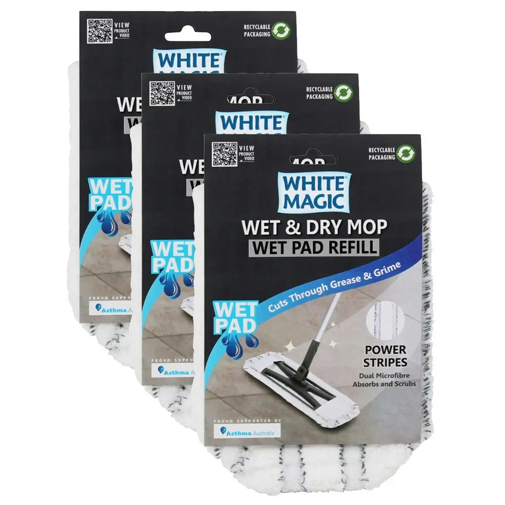 3x White Magic 40cm Microfibre Pad Refill Replacement For Wet & Dry Mop Dry WHT