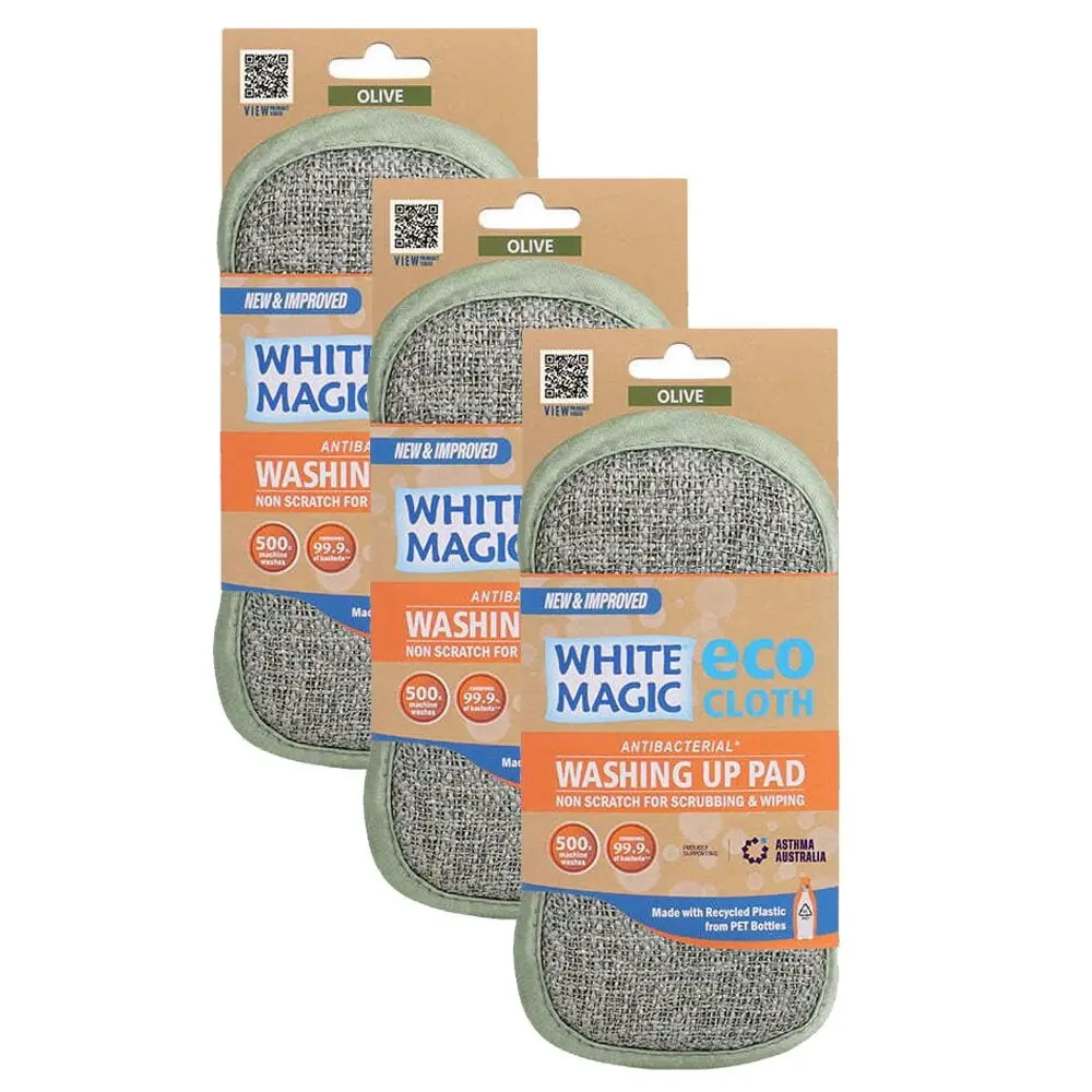 3x White Magic Double-Sided Dish Washing Up Pad Cleaning Sponge Scrubbing Olive