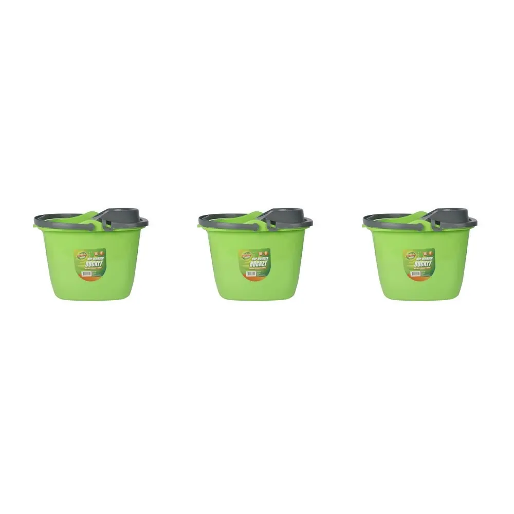 3x Ultimo Mop Bucket 15L Green w/ Grey Wringer & Handle Efficient Cleaning 39cm