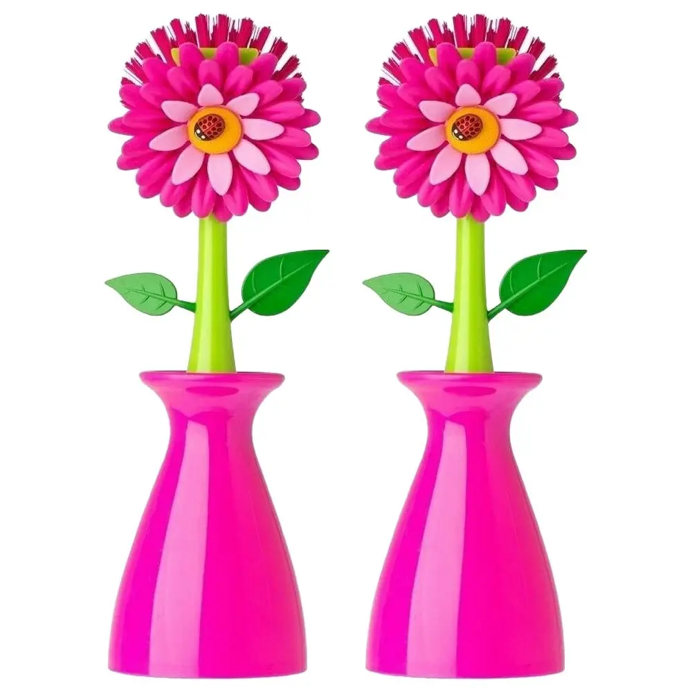 2x Vigar Flower Power Dish Brush Kitchen Plate/Bowl Cleaner Scrubber w/Vase Pink