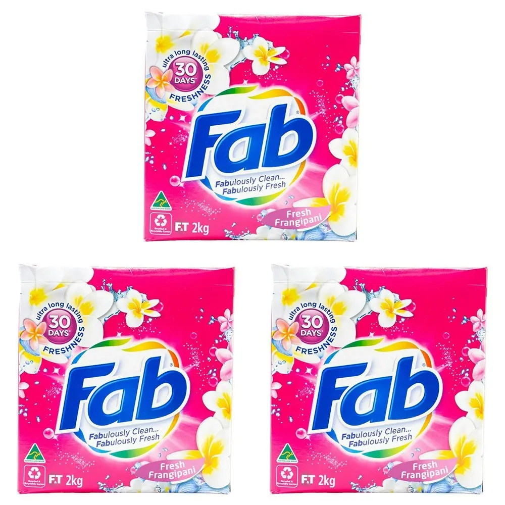 3x fab Laundry Powder Fresh Frangipani Front + Top Loader Clean Formula 2kg