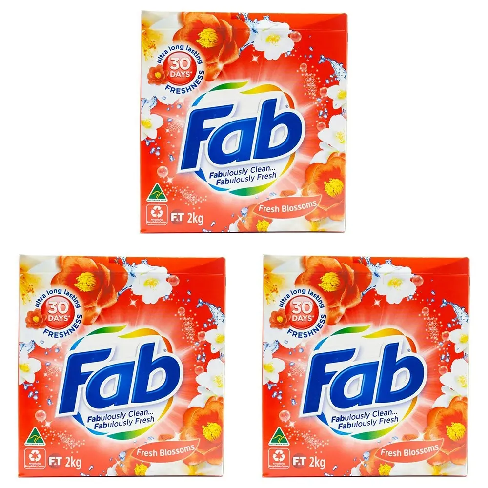 3x fab Laundry Powder Front & Top Loader Fresh Blossoms Cleans & Brightens 2kg