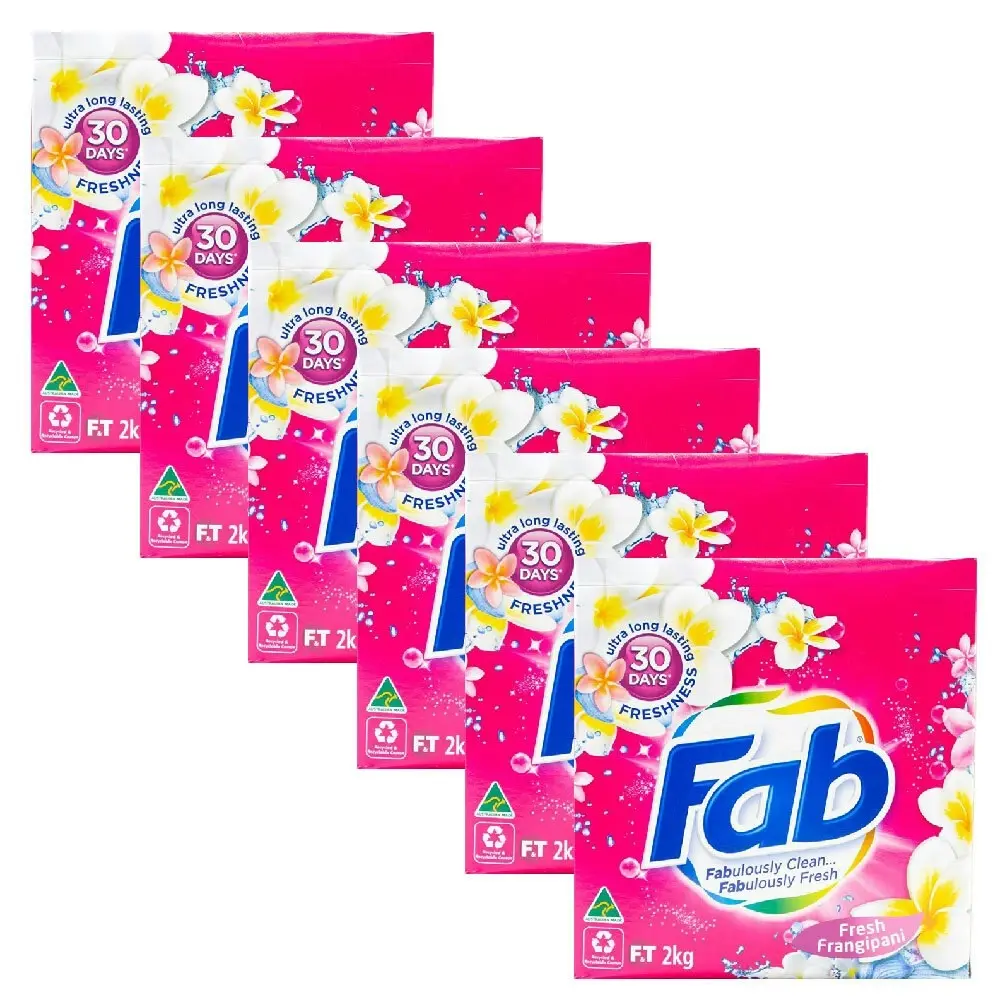 6x fab Laundry Powder Fresh Frangipani Front + Top Loader Clean Formula 2kg