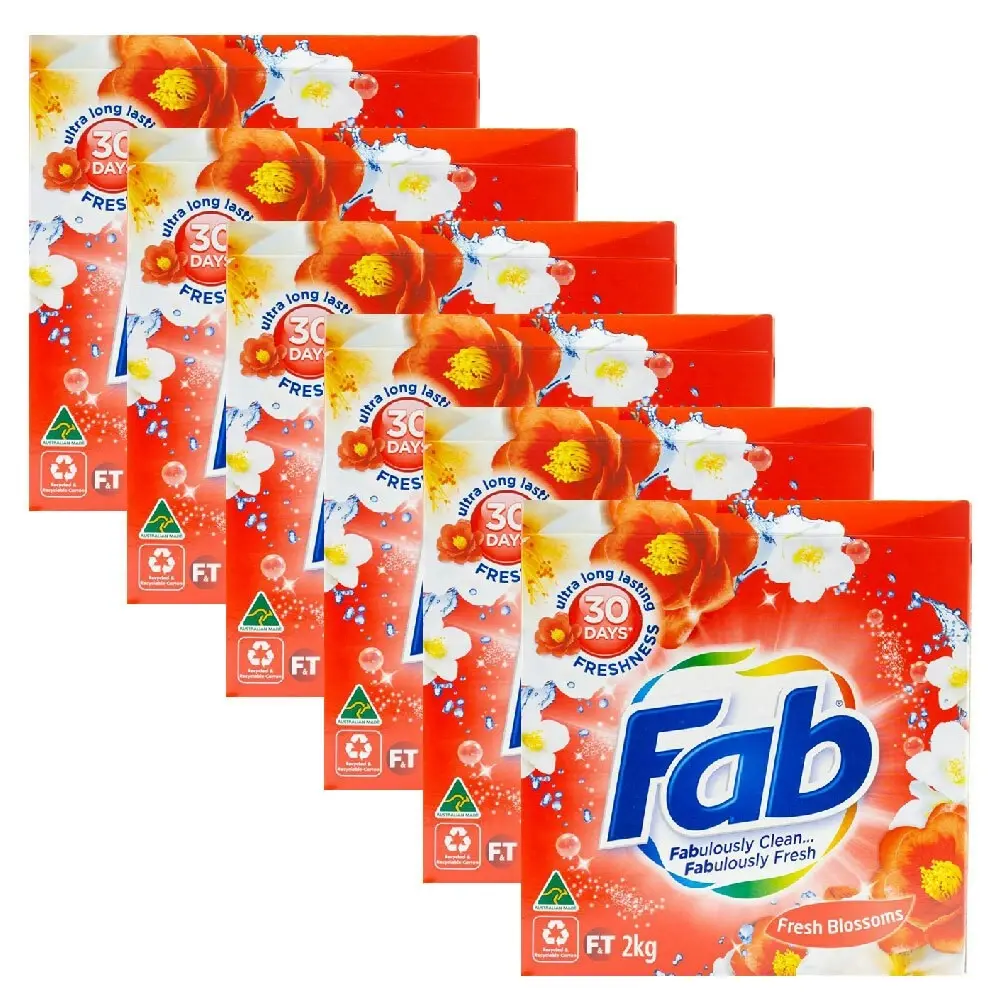 6x fab Laundry Powder Front & Top Loader Fresh Blossoms Cleans & Brightens 2kg