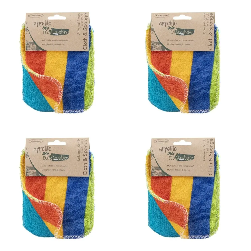 4x 2pc Appetito Eco Scrubber Cloth & Sponge Universal Scrub 12x16.5cm Assorted