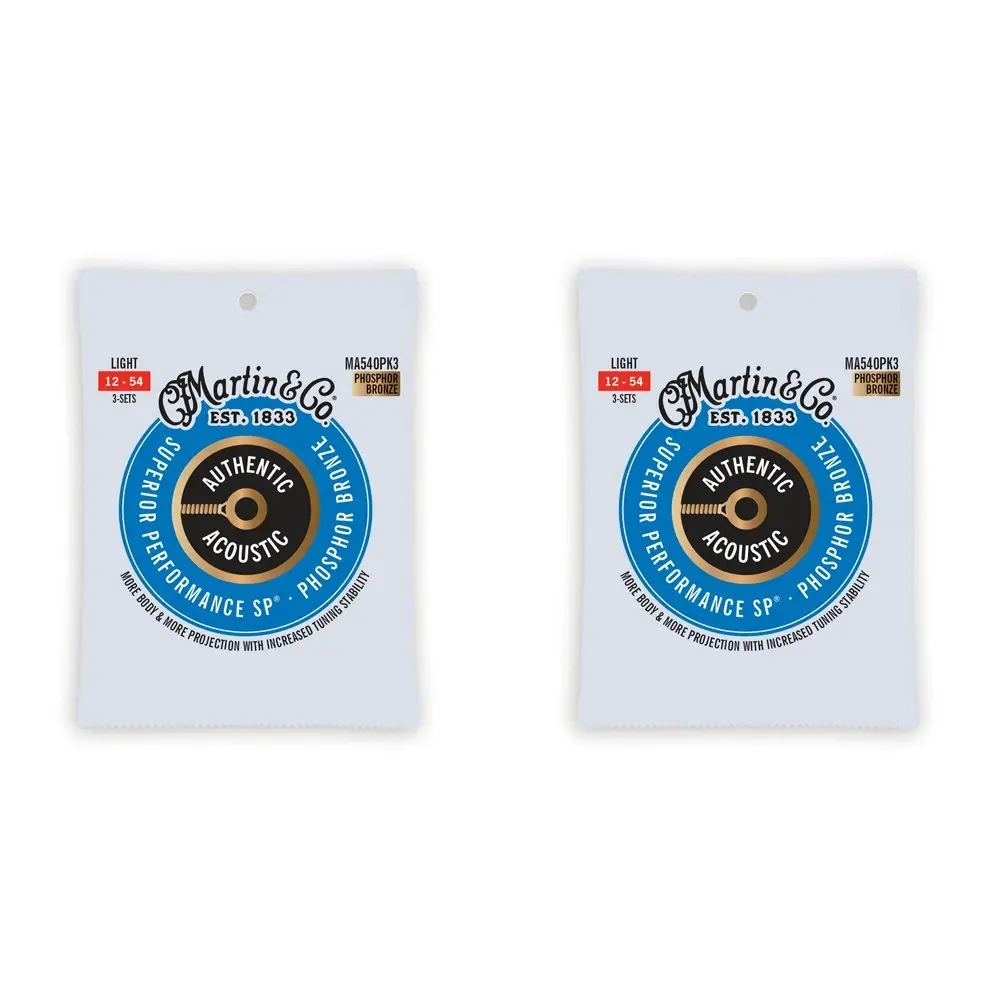 2x 3PK Martin Guitar Authentic Strings 92/8 Phosphor Bronze MA540PK3 Light Gauge