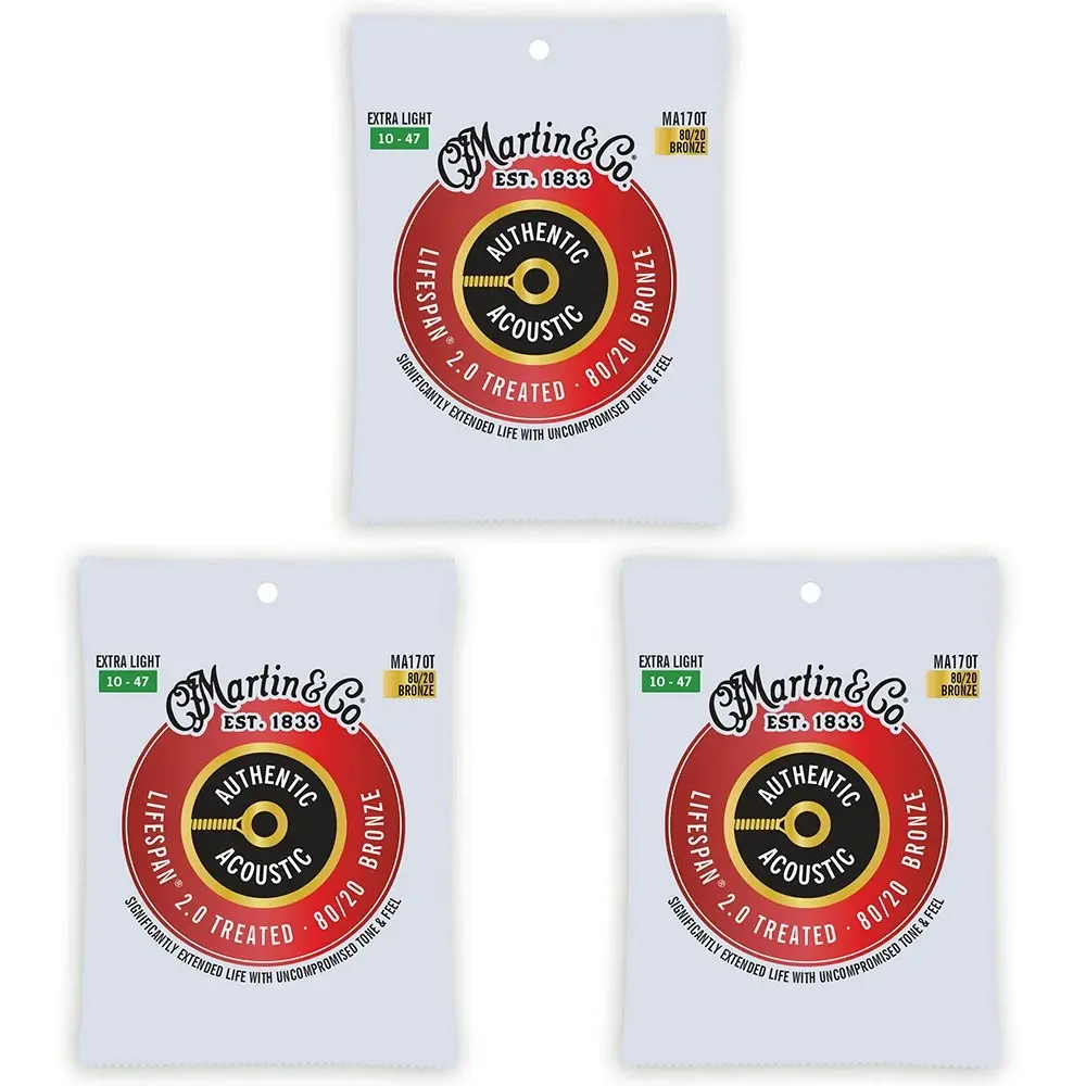 3x Martin Guitar Authentic Treated Strings 80/20 Bronze MA170T Extra Light Gauge