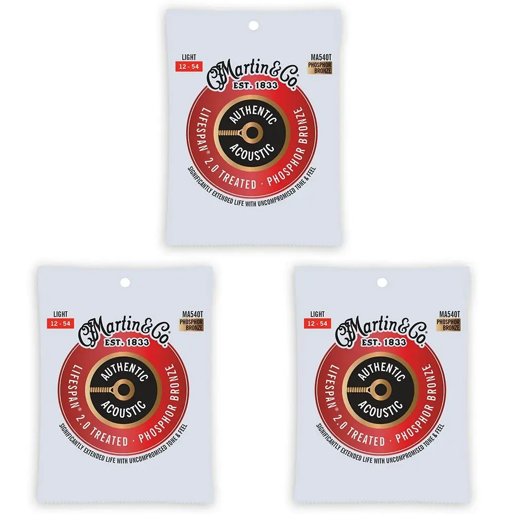 3x Martin Guitar Authentic Treated Strings 92/8 Phosphor Bronze MA540T Light