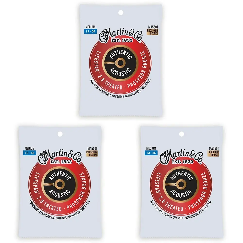 3x Martin Guitar Authentic Treated String 92/8 Phosphor Bronze MA550T Medium