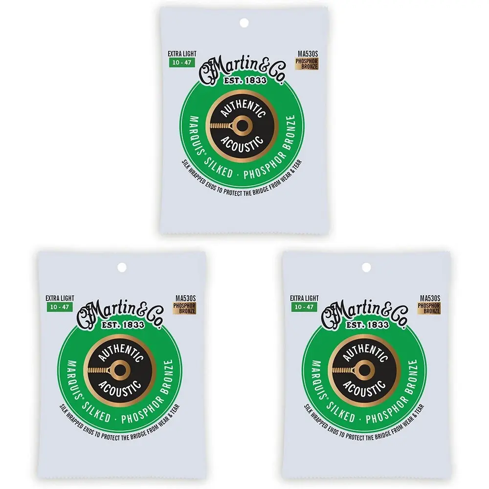 3x Martin Guitar Silked Strings 92/8 Phosphor Bronze MA530S Extra Light