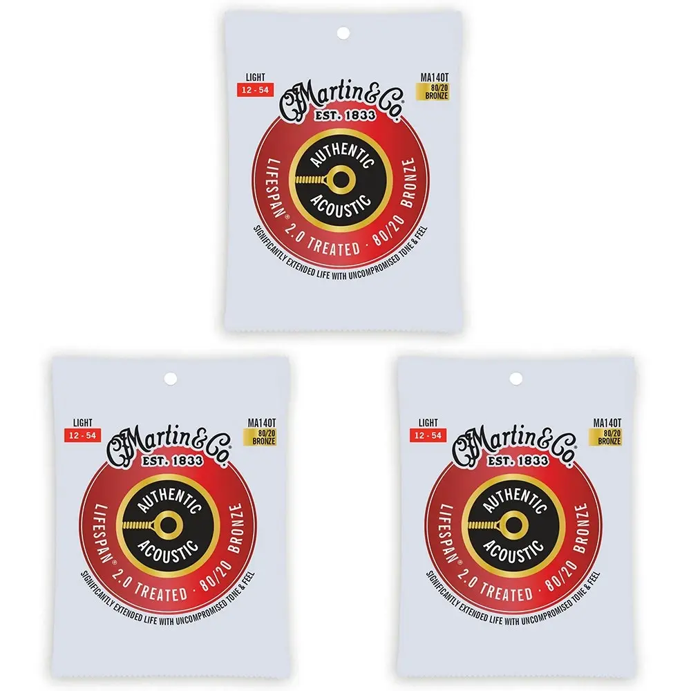 3x Martin Guitar Authentic Acoustic Treated Strings 80/20 Bronze MA140T Light