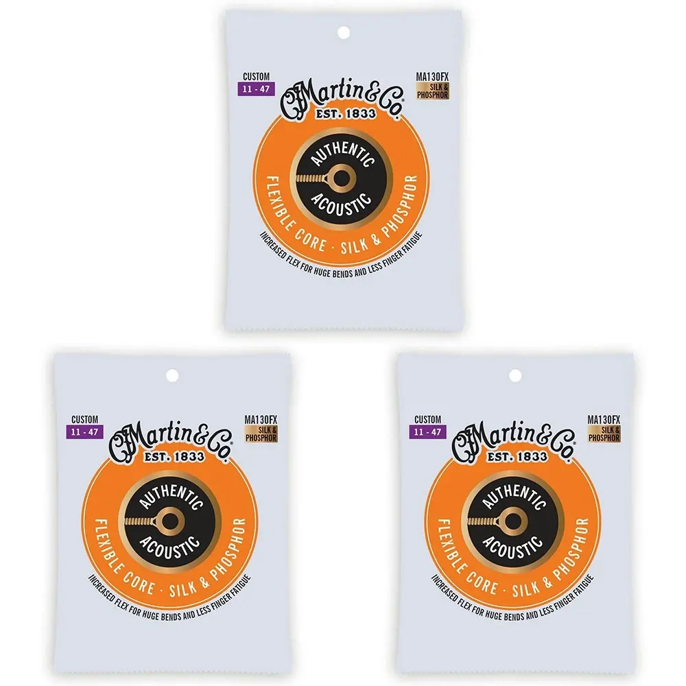 3x Martin Guitar Authentic Acoustic Flexible Strings Silk/Steel MA130FX Custom