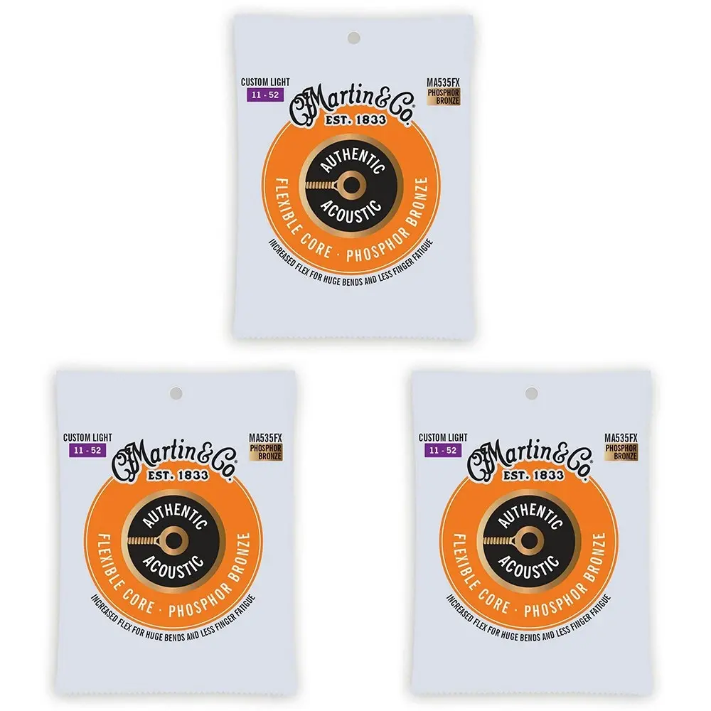 3x Martin Guitar Authentic Flexible Strings 92/8 Phosphor MA535FX Custom Light