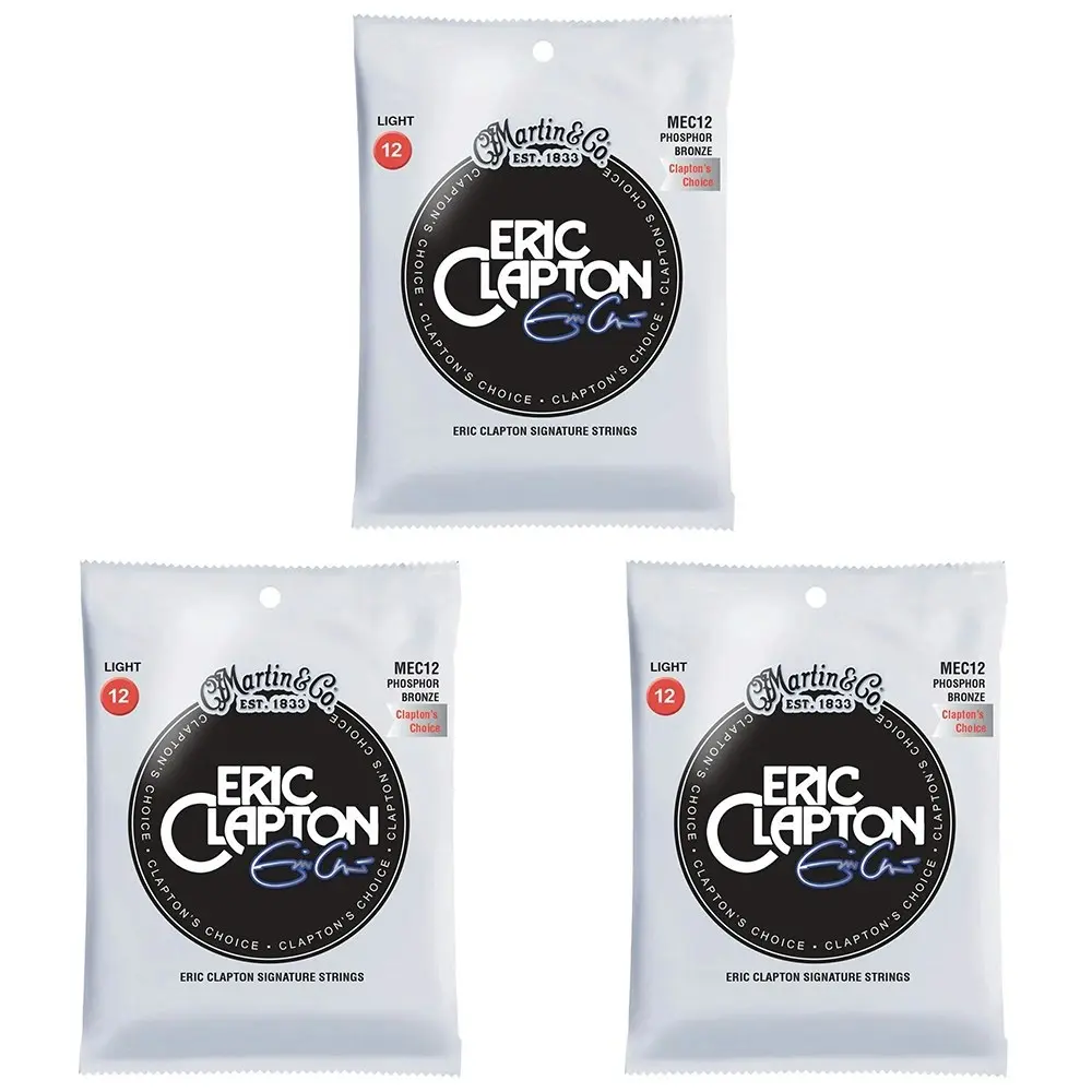 3x Martin Guitar Clapton's Choice Strings 92/8 Phosphor Bronze MEC12 Light Gauge