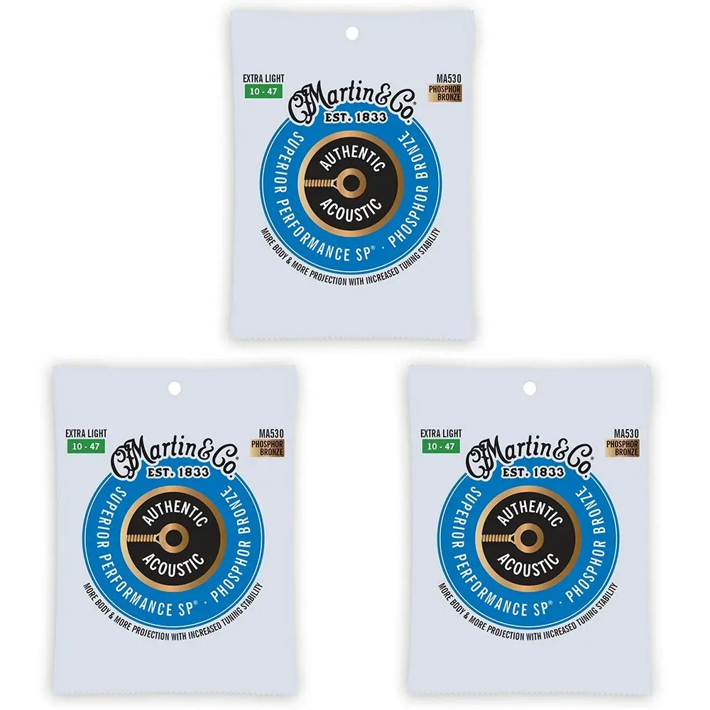 3x Martin Guitar Authentic Strings 92/8 Phosphor Bronze MA530 Extra Light