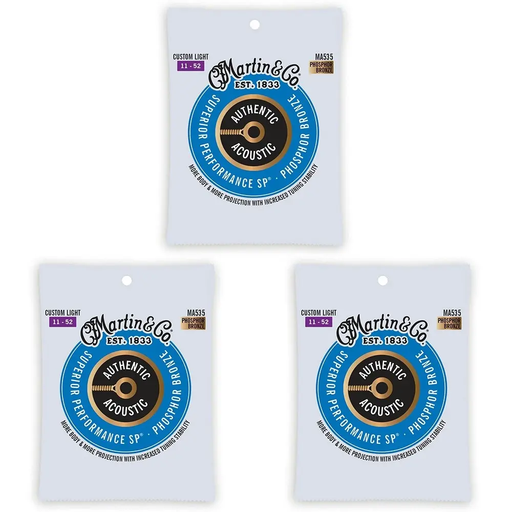 3x Martin Guitar Authentic Strings 92/8 Phosphor Bronze MA535 Custom Light Gauge