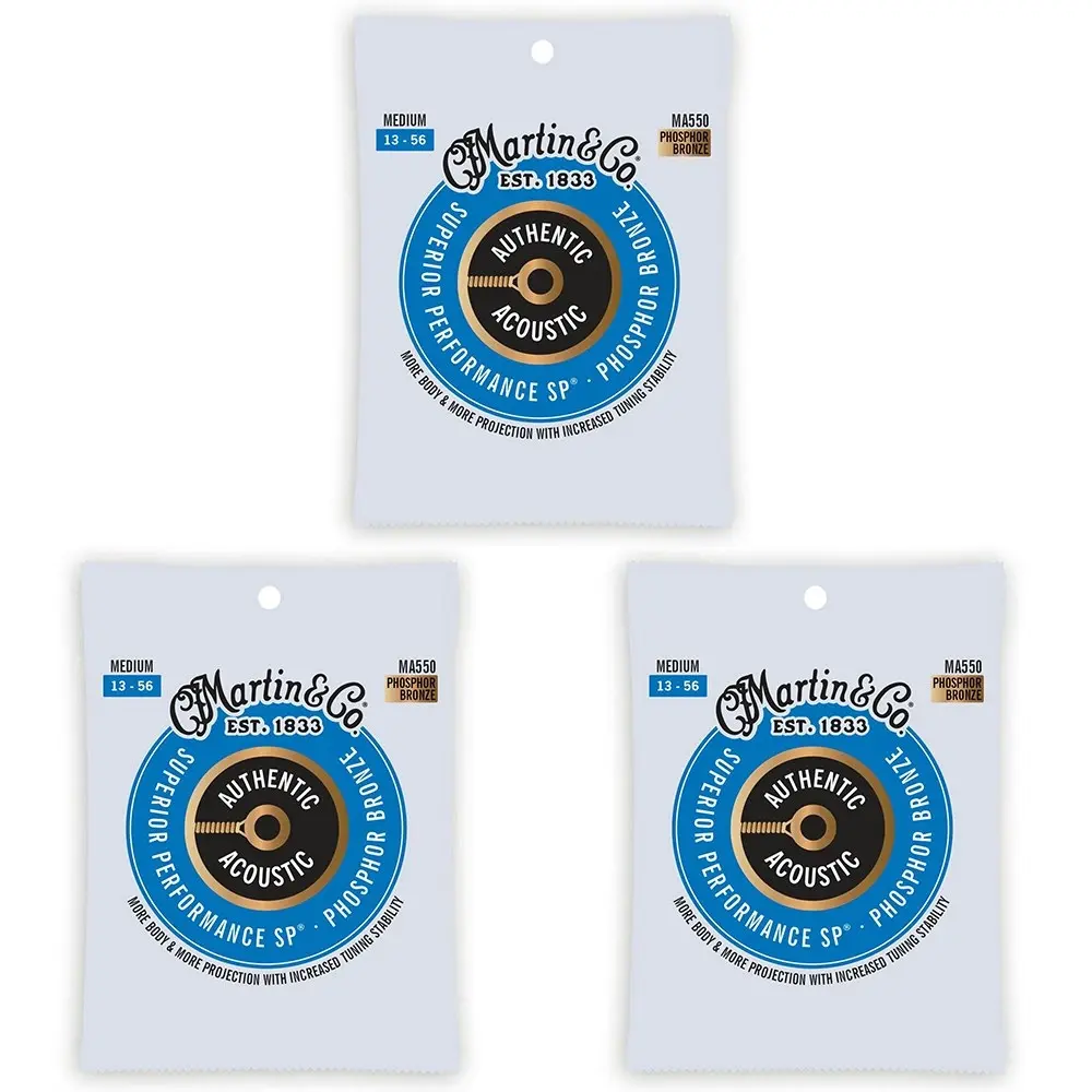 3x Martin Guitar Authentic Acoustic Strings 92/8 Phosphor Bronze MA550 Medium