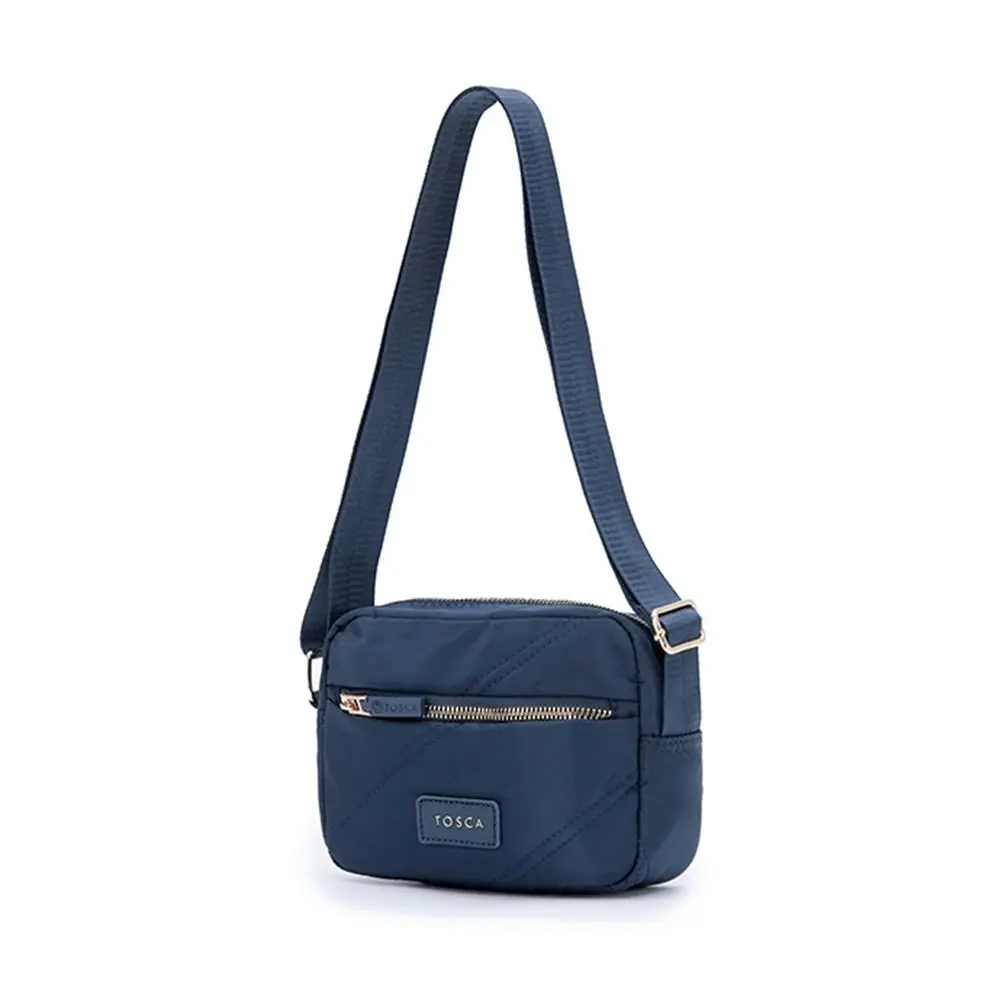 Tosca Vegan Compact Minimalist Shoulder Bag Navy Stitch w/Adjustable Strap