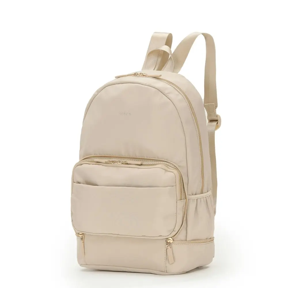 Tosca Ladies Zip/Fold Away Nylon Weekend Travel Backpack/Shoulder Beige