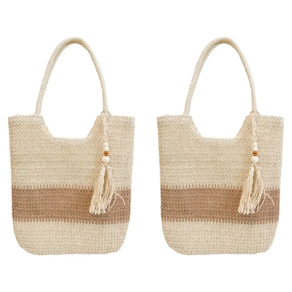 2x LVD Women's/Ladies Woven Stripe Tote Bag Fashion Beach Handbag 40cm Natural