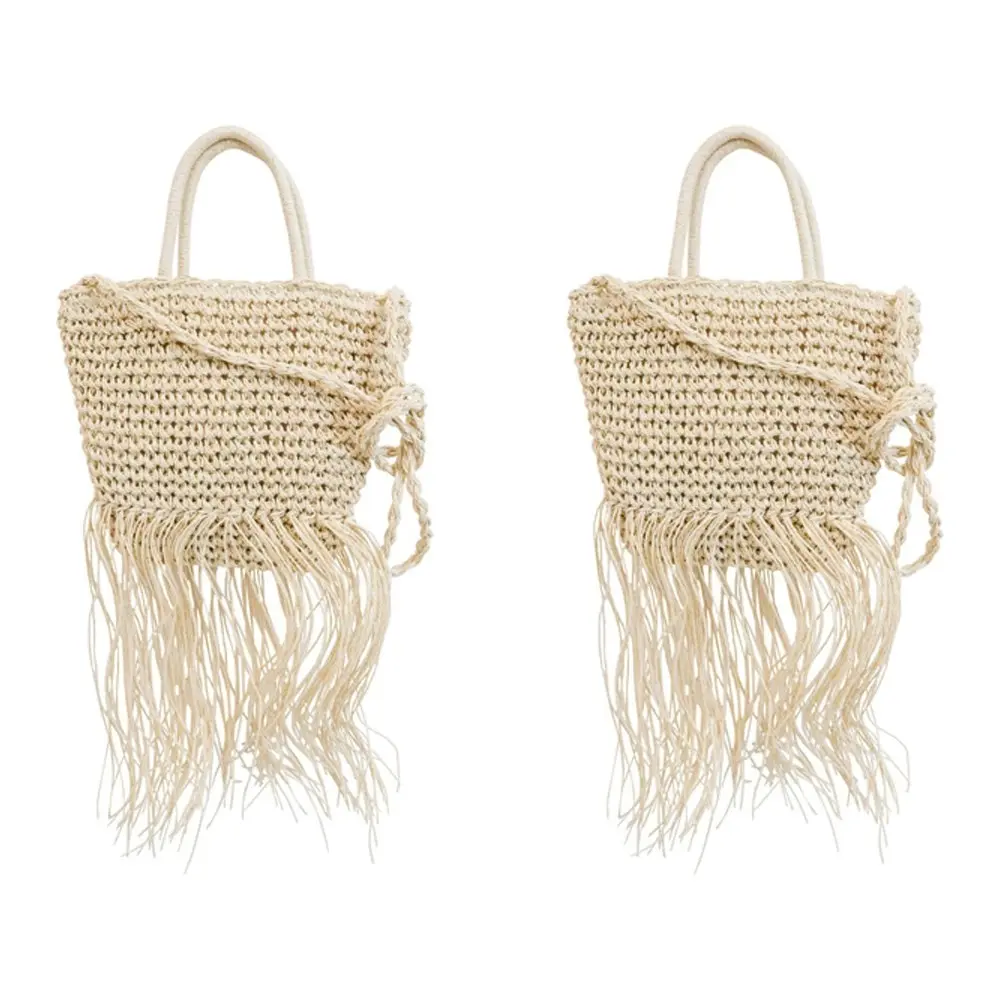 2x LVD Women's/Ladies Woven Fringing Handbag/Shoulder Bag 33cm w/ Strap Natural