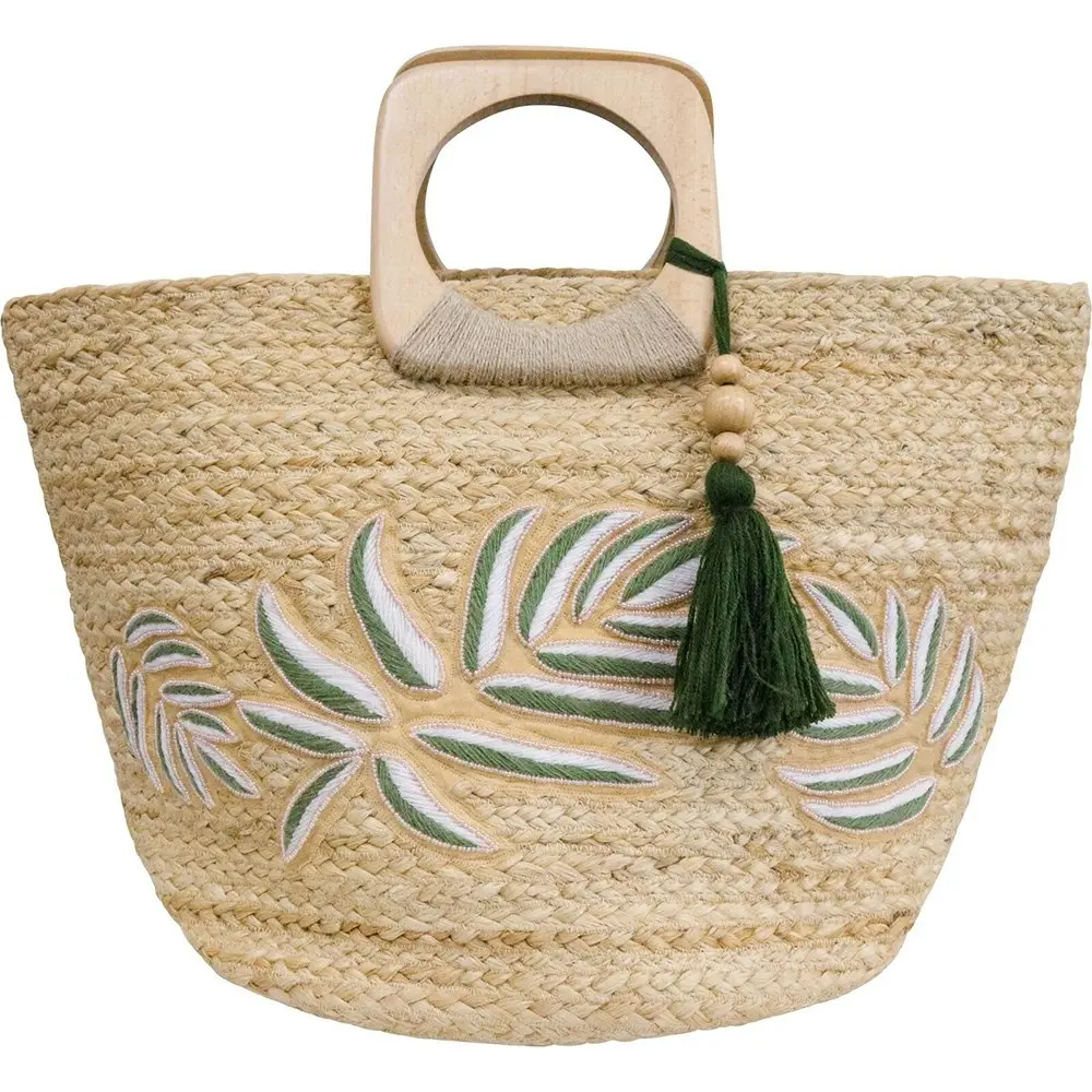 LVD Jute Shopper Embroidered Leaf Portable On The Go Decor Carry Bag 50x30cm