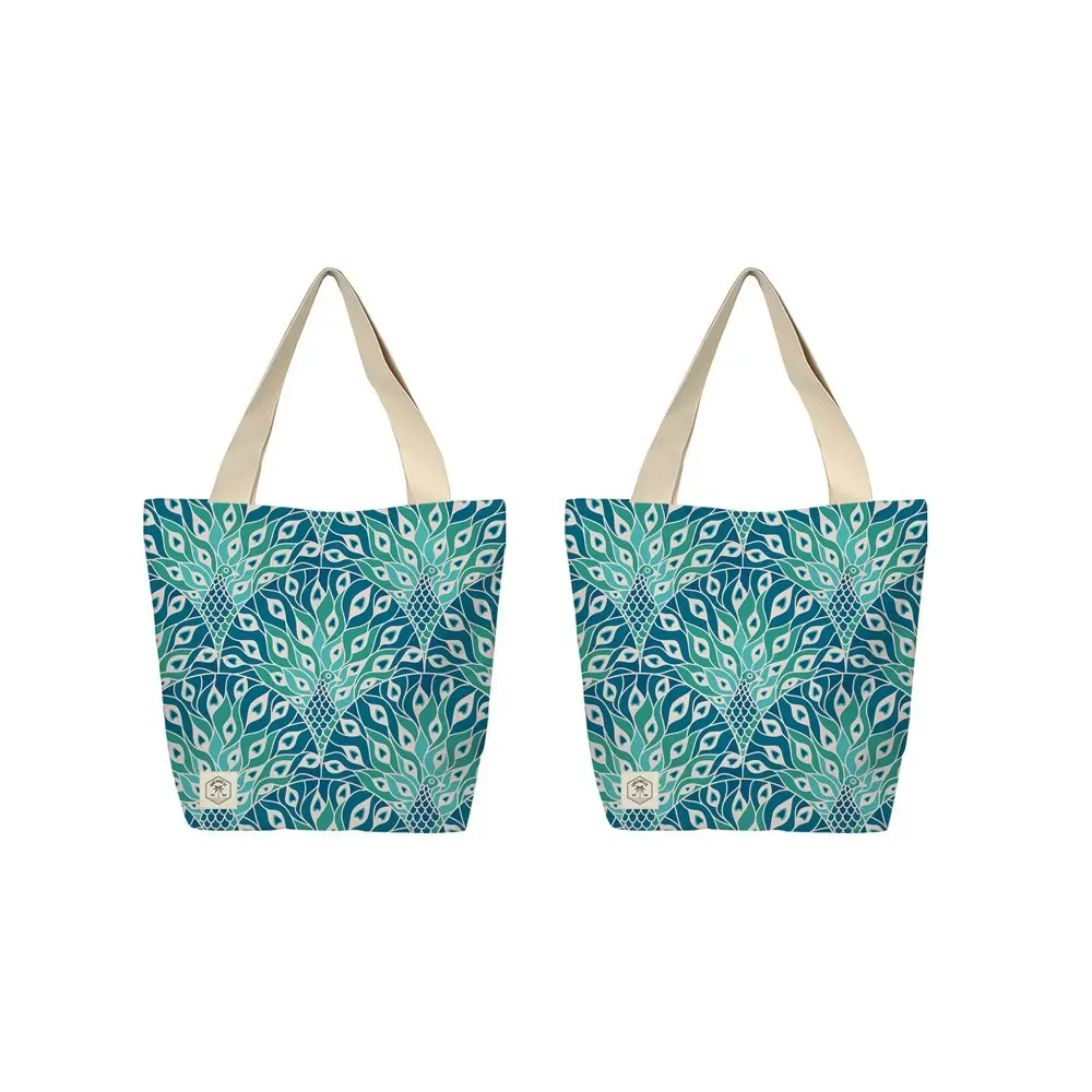 2x Good Vibes Beach Bag With Inner Pocket Zip Peacock Paradise Print 50x42x15cm