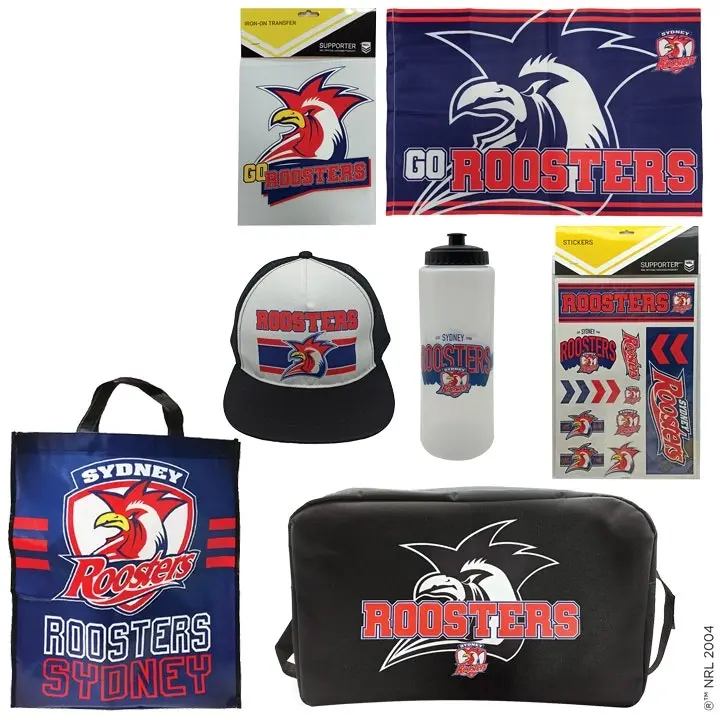 NRL Sydney Roosters Kids/Adults Duffle Bag/Cap/Drink Bottle/Flag Set Showbag 22