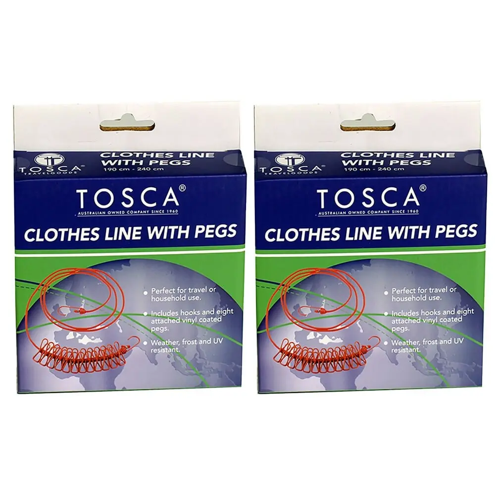 2x Tosca Travel Portable 2m Elasticated Clothes Drying Line Rack With Pegs