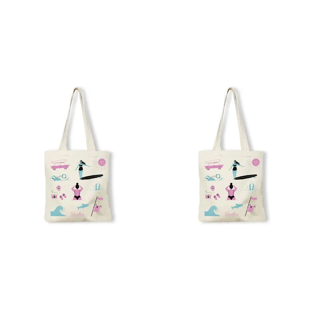 2x Sunday Paper Womens Cotton Canvas Tote Bag Beach Carry 42cm Beach Icons Print