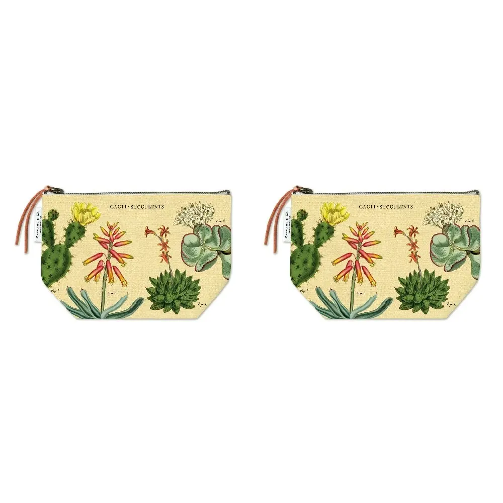 2x Cavallini Cotton Hand Carry Zipped Pouch Handy Organiser 22x15cm Succulents