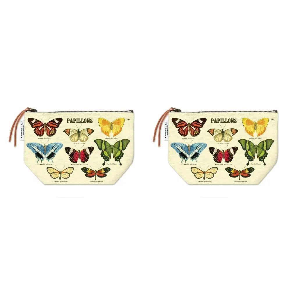 2x Cavallini Cotton Hand Carry Zipped Pouch Handy Organiser Butterflies 22x15cm