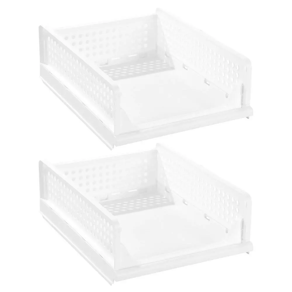 2x Boxsweden Foldaway 42.5x14cm Stackable Storage Basket/Organiser Medium White