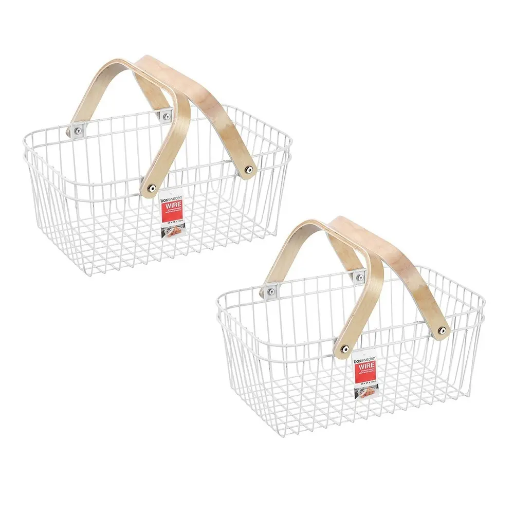 2x Boxsweden WHT 39cm Wire Home Storage Basket w/Wooden Handle Organise/Display