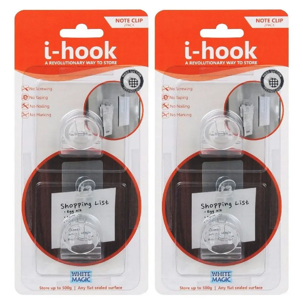 2x 2pc I-Hook Multi-Surface Wall Adhesive 6.8x2cm Memo Note Clip/Message Holder