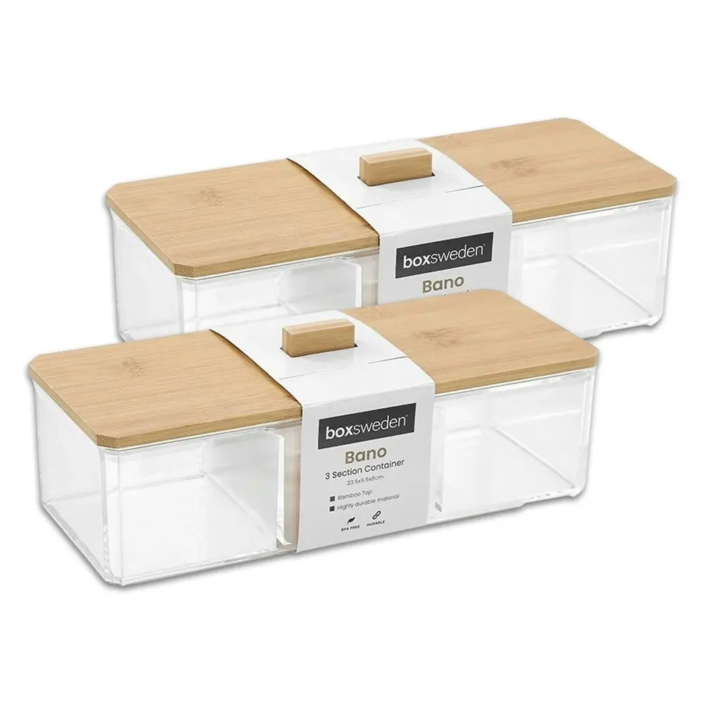 2x Boxsweden Bano 23.5x9.5cm Clear Accessories Container Organiser w/Bamboo Lid