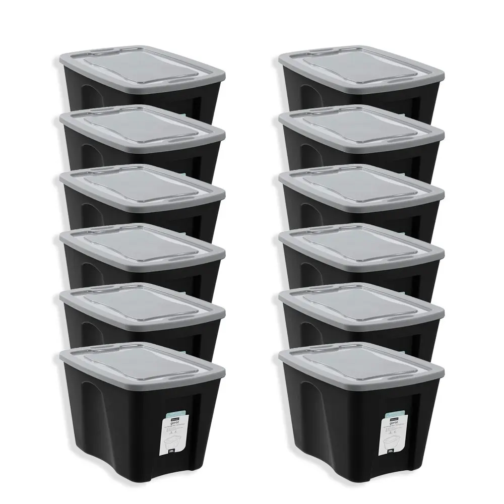 12x Boxsweden Garaz Eco 38L/49cm Storage Box Home Organser Rectangle w/Lid Black