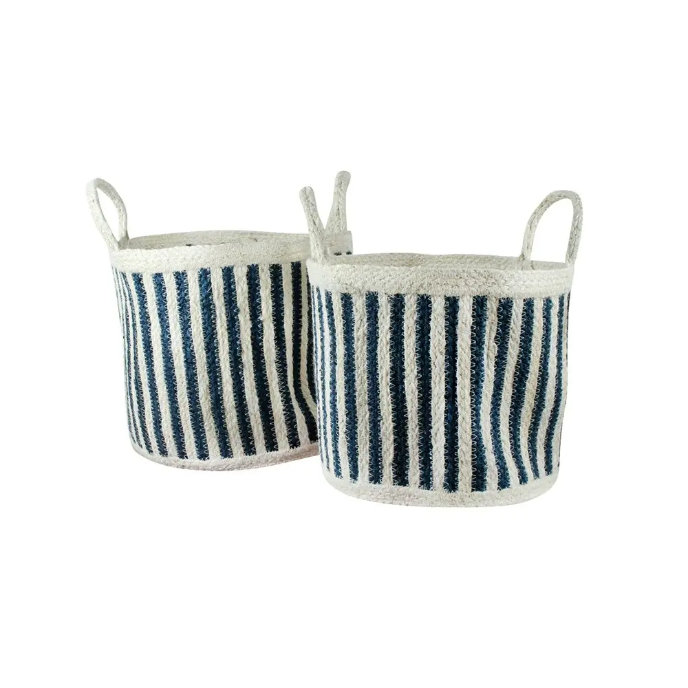 2pc Maine & Crawford Haddie Stripe Jute 30/35cm Round Basket Storage Set Blue