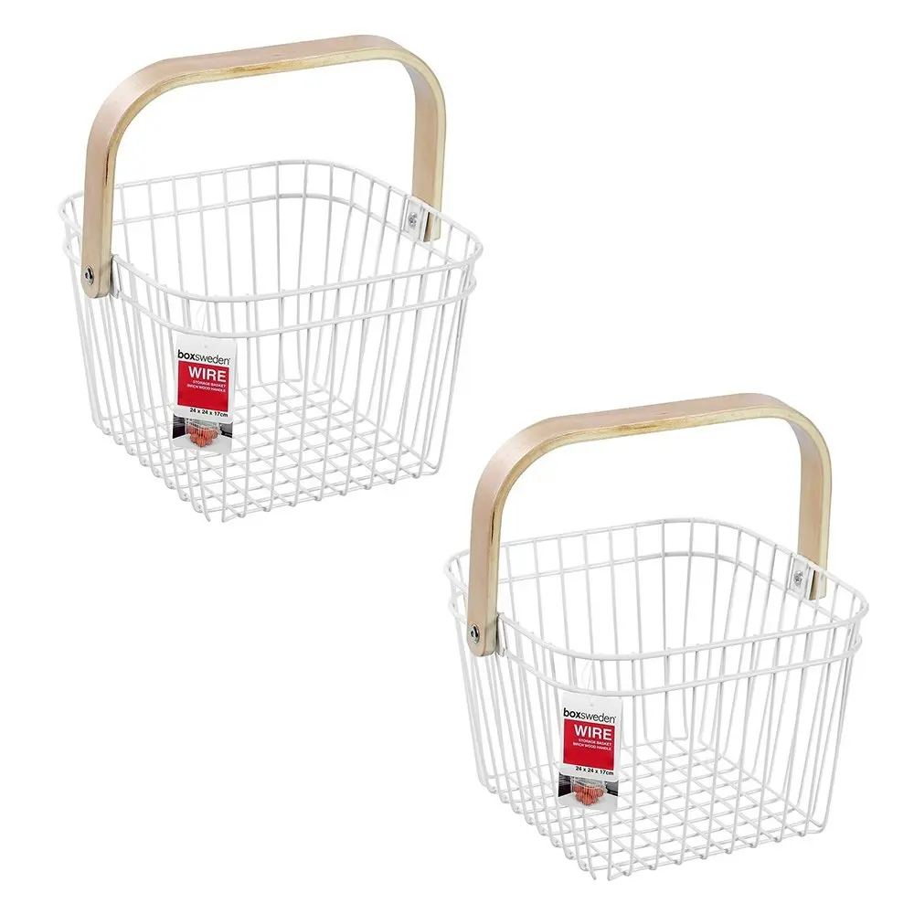 2x Boxsweden WHT 24cm Wire Home Storage Basket w/Wooden Handle Organise/Display