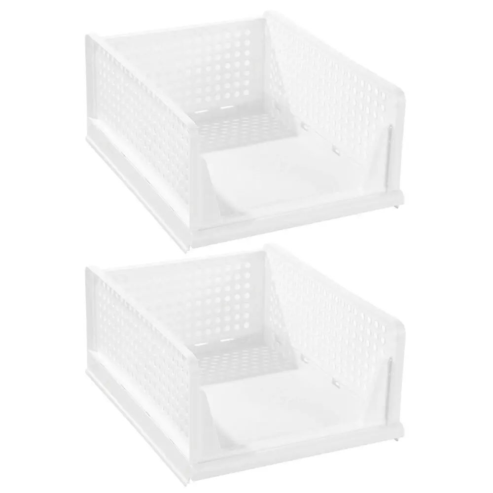 2x Boxsweden Foldaway 42.5x18.5cm Stackable Storage Basket/Organiser Large White