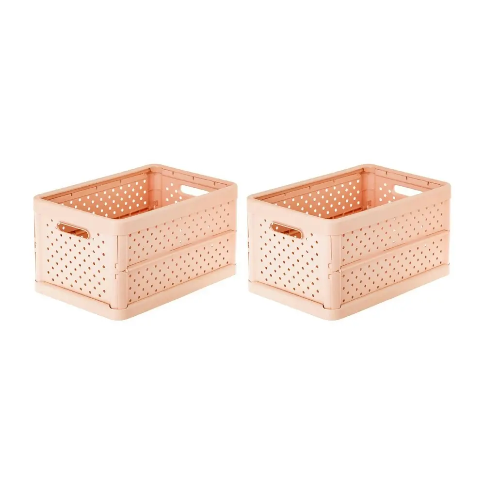 2x Vigar Compact 11.3L Plastic Foldable Crate Office Storage Basket Peach Pink