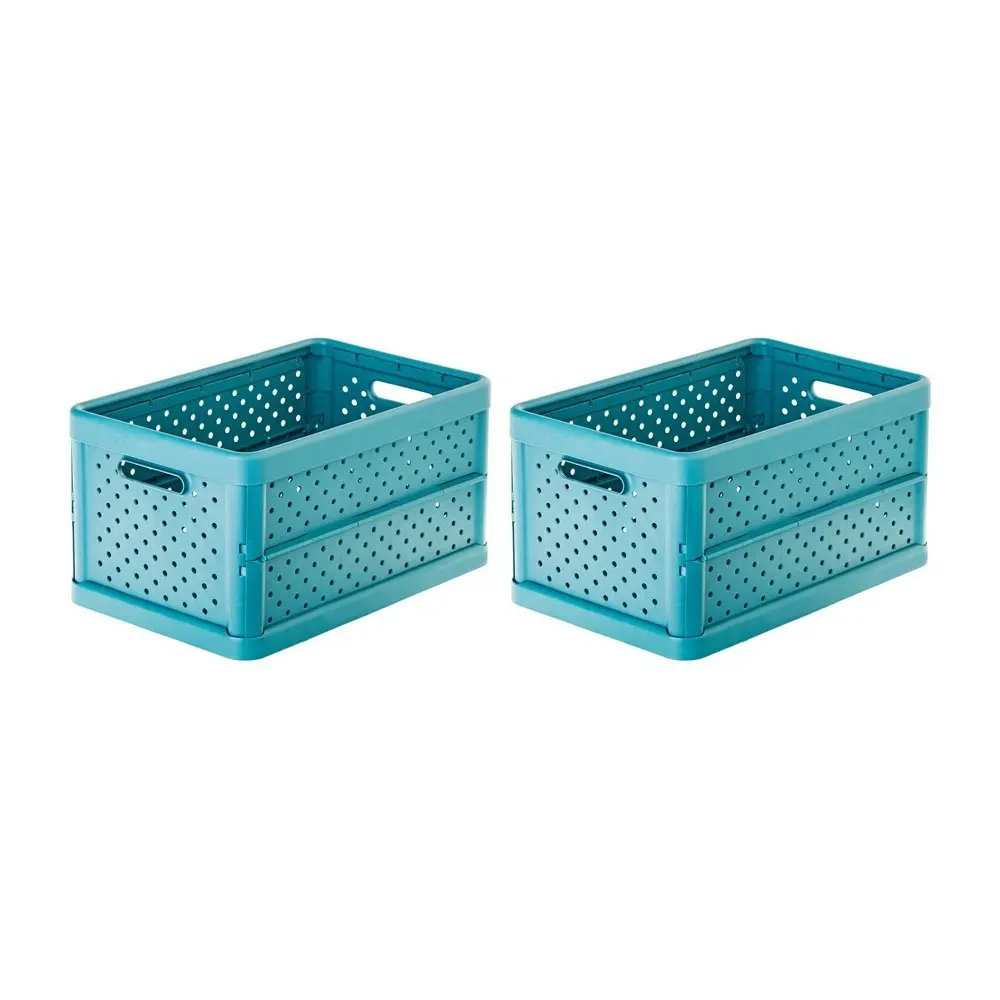 2x Vigar Compact 11.3L Plastic Foldable Crate Office Basket Storage Stone Blue