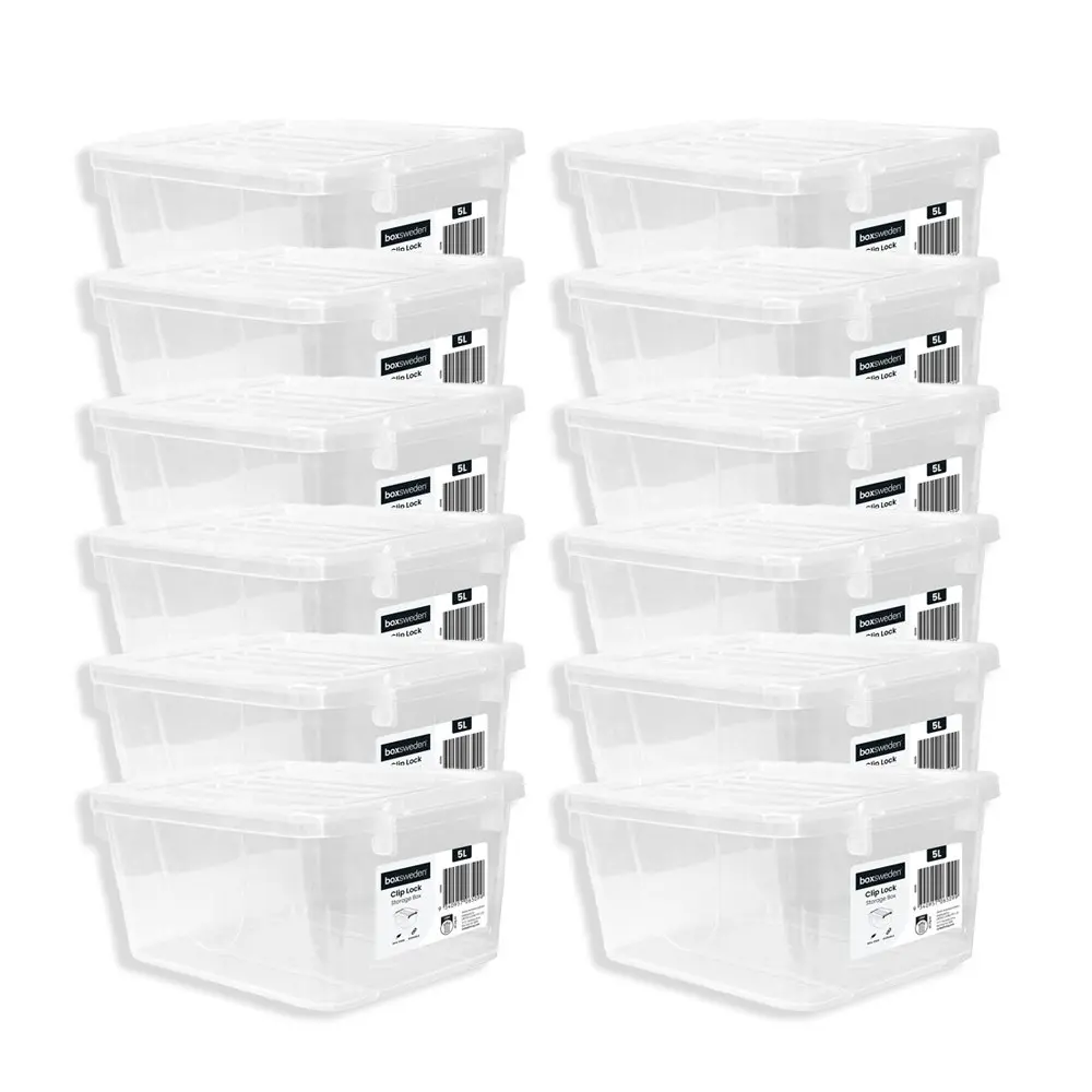 12x Boxsweden 5L Storage Box Home/Room Organiser w/Clip Lock Lid Rectangle Clear