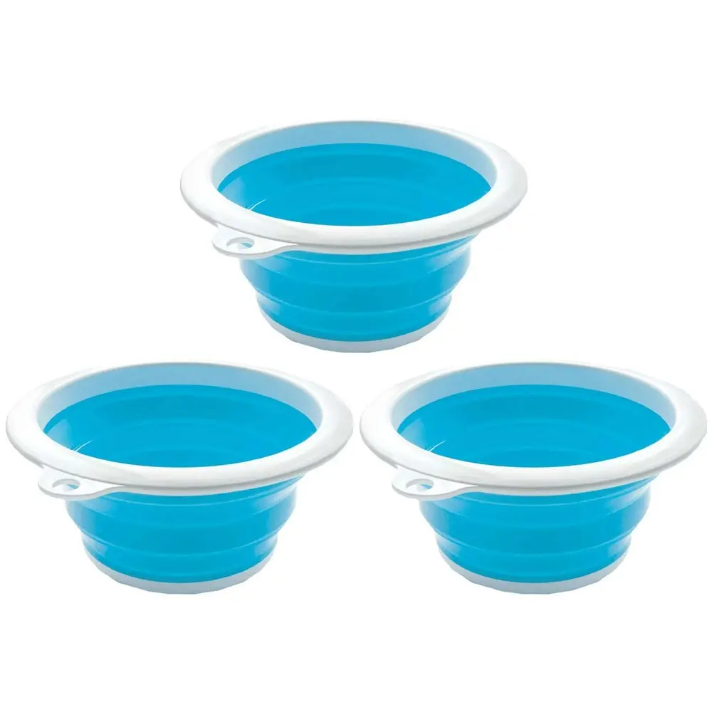 3x Roger Armstrong Round Folding Silicone & Plastic Collapsible Bucket 6L Blue