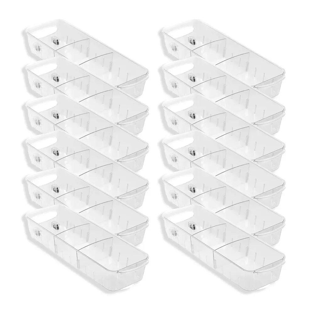 12x Boxsweden Crystal Roll Out Tray Storage Organiser w/ Dividers 38x12.5cm CLR