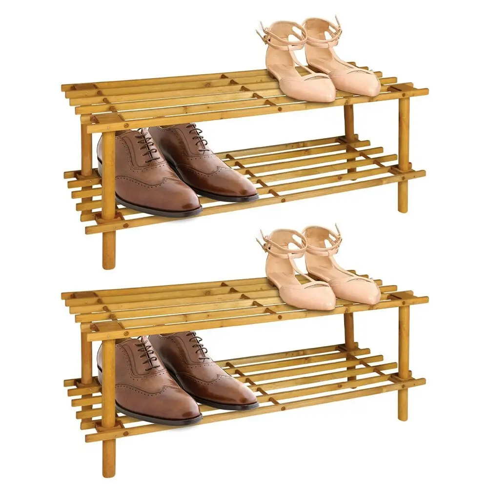 2PK Boxsweden 2 Tier 70cm Wooden Shoe Rack Wood Storage Home Organiser Stand BR