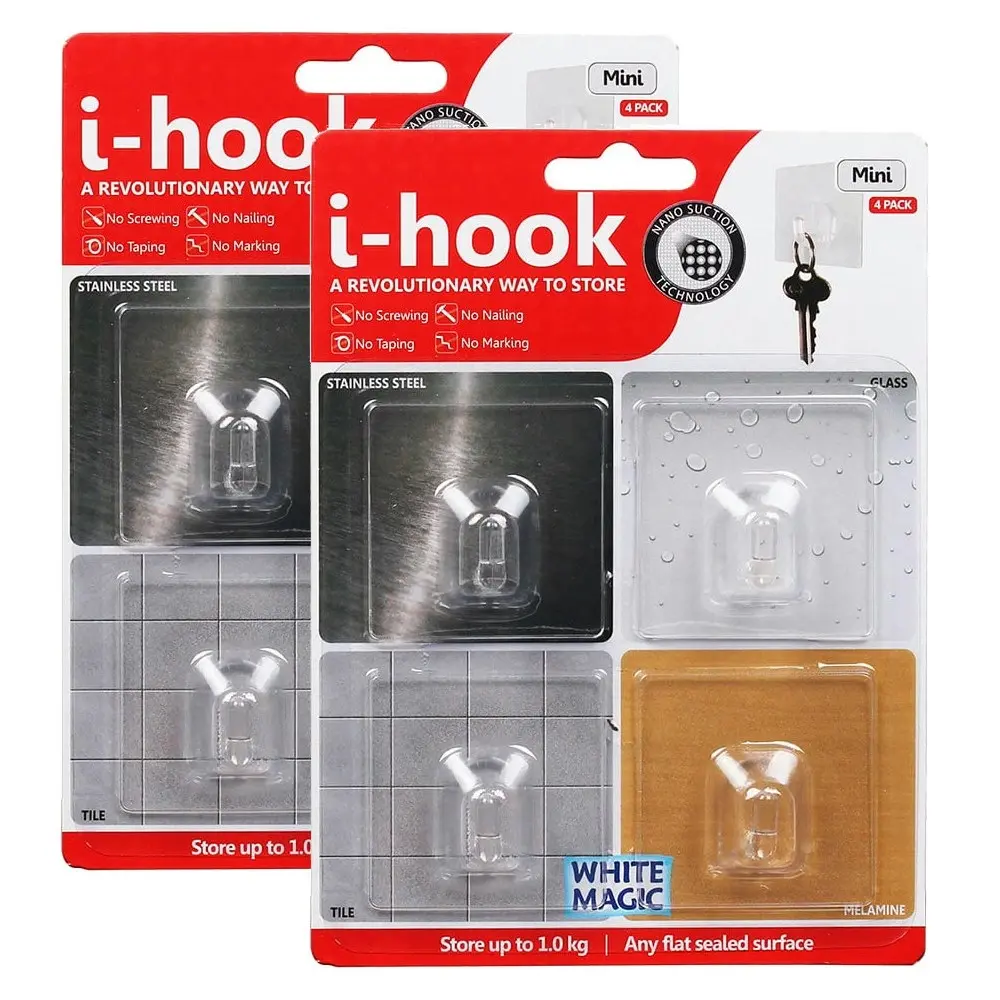 8pc White Magic i-Hook Mini 47cm Multi-Surface Hook Wall Mounted Storage Clear