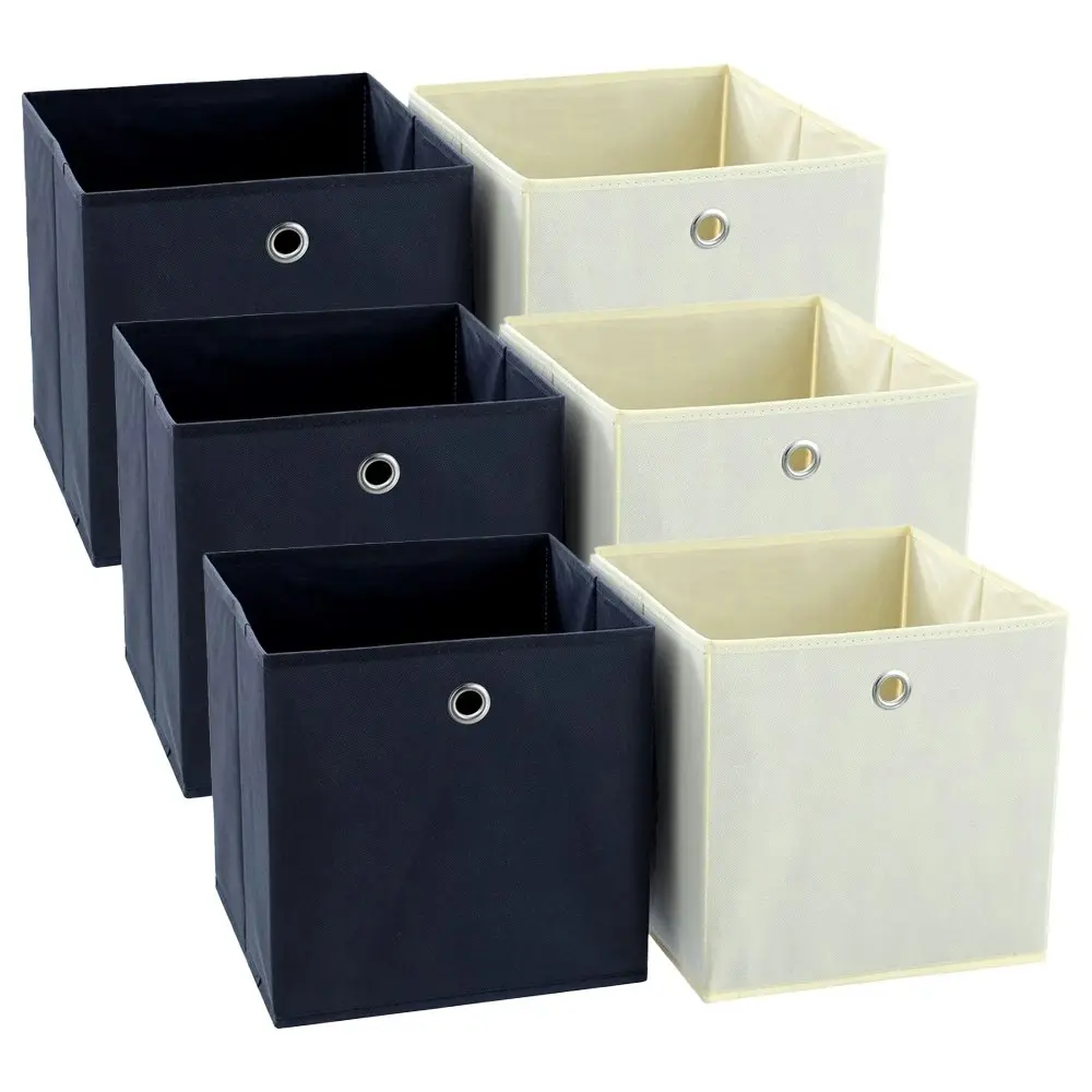 6x Boxsweden Collapsible Mode Foldaway Cube 29x29x29cm Beige/Navy Assorted