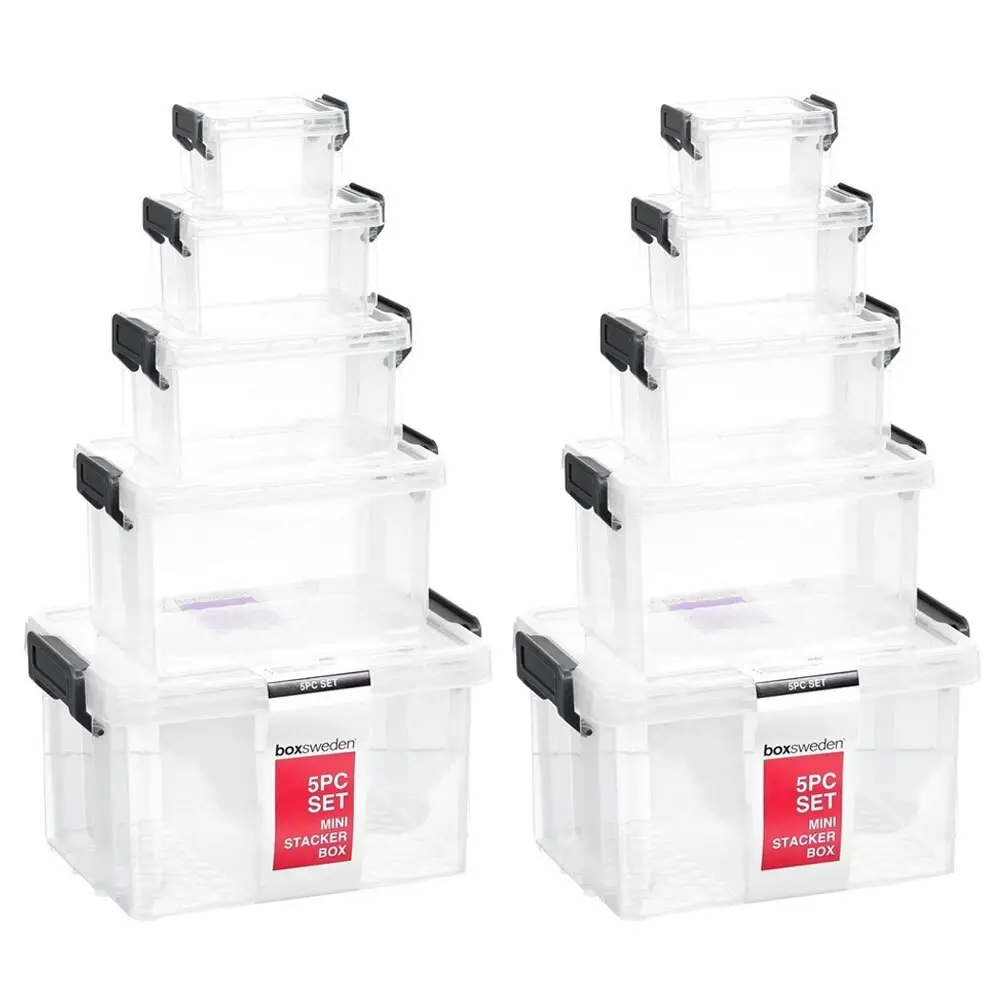 2x 5PC Boxsweden Mini Stacker Box Set Storage Organiser Containers Holder Clear